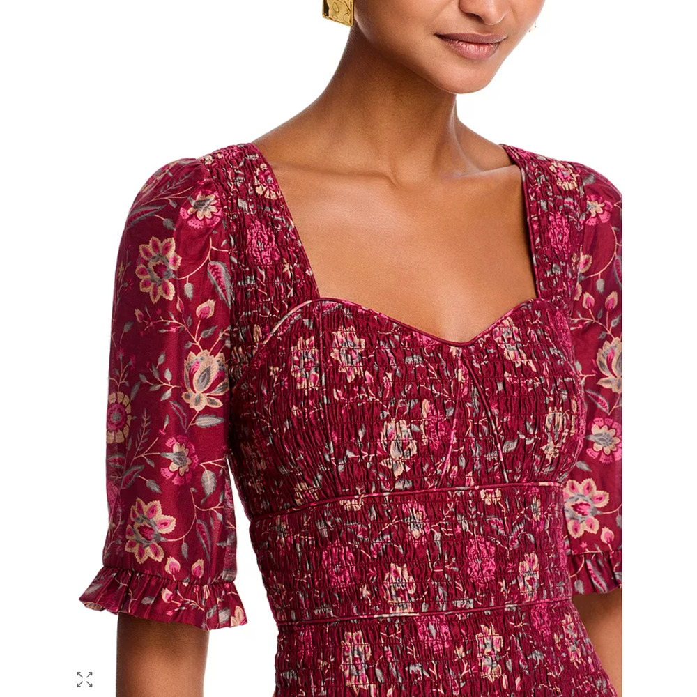 Sea New York 2 Famke $445 Smocked Sweetheart Midi Dress Floral Cottagecore Red - Picture 5 of 13